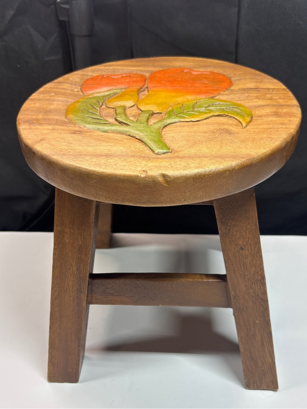 Wood Step Stool Stand Carved Painted Pears Plant Stand 4 Leg Wood Grandma Core